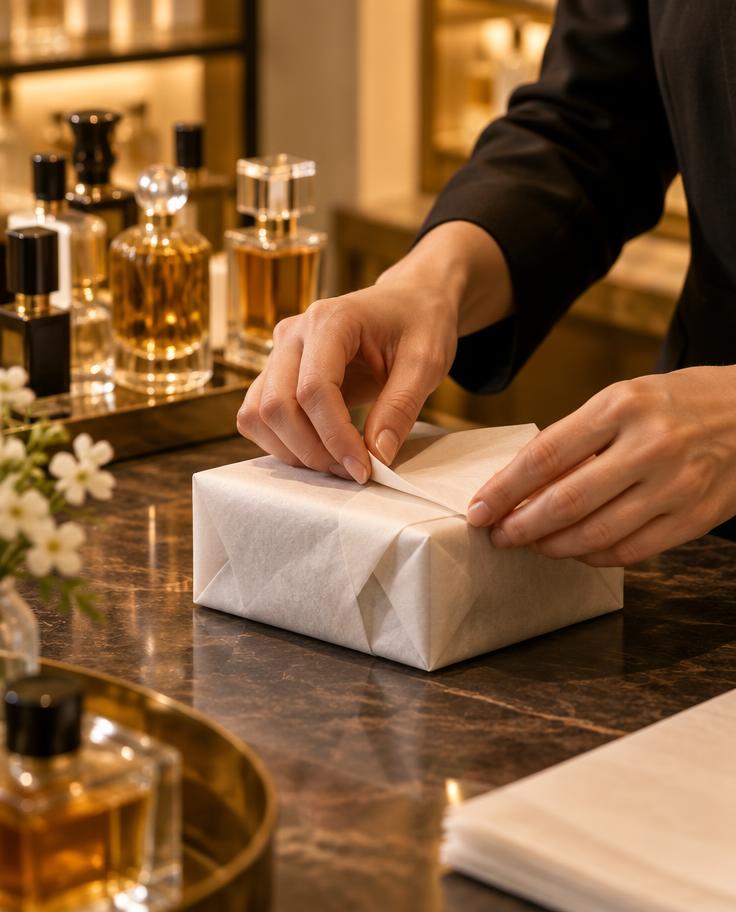 A parcel being carefully wrapped at a perfume counter