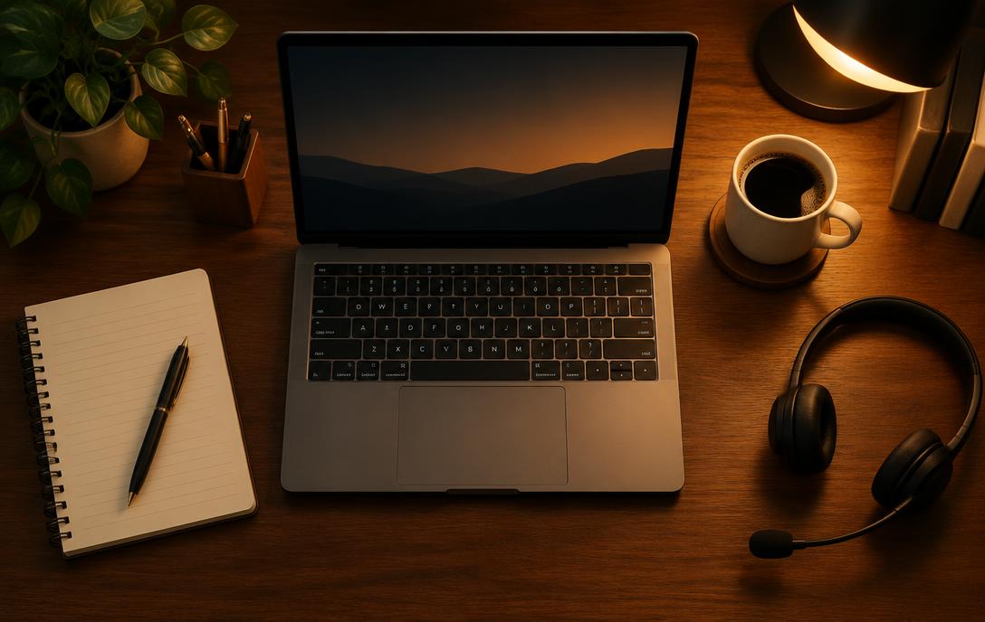 A tidy customer support workspace with a laptop, notebook, coffee and headset